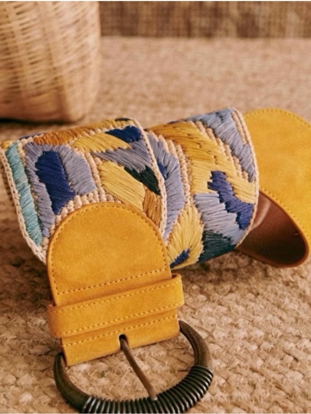 Sezane Yellow & Blue Embroidered raffia and Leather Strap belt